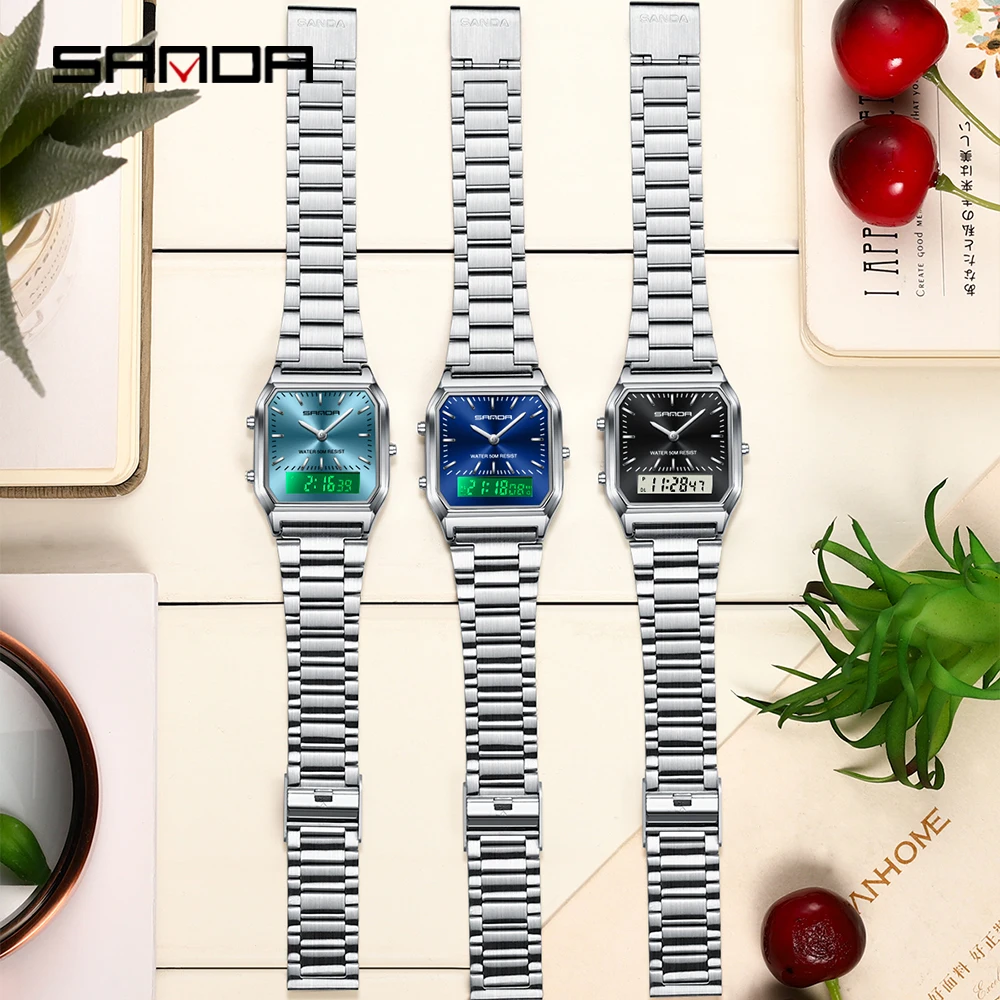SANDA Luxury Mens G style Watches Stainless Steel Women LED Digital Dual Display Clock Unisex Waterproof Sports Quartz Watch 747
