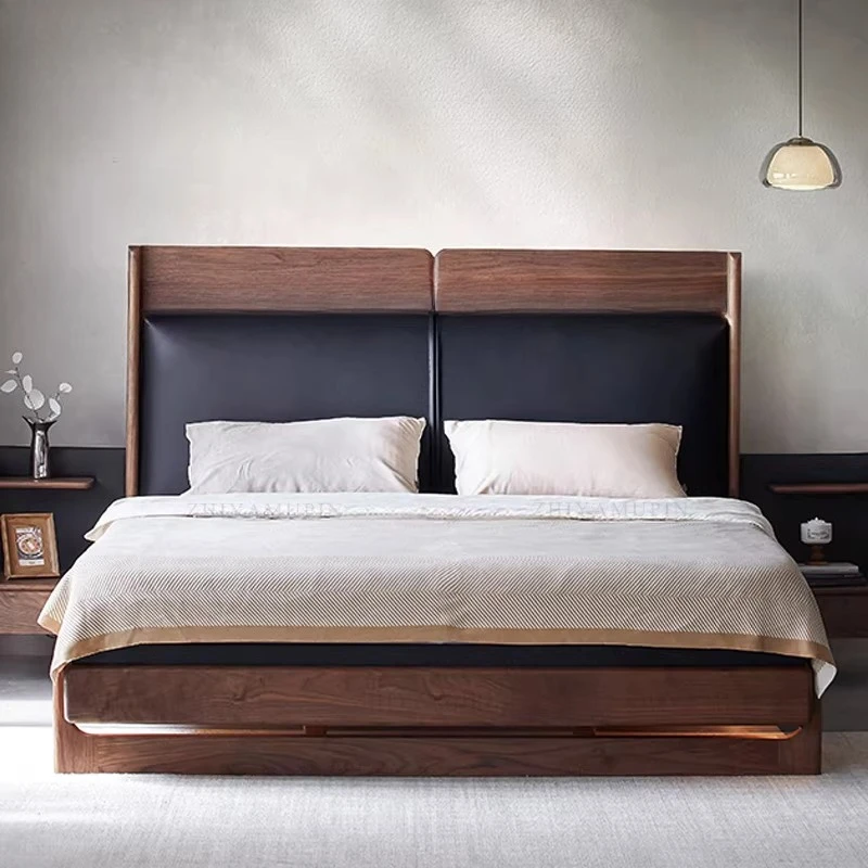all solid wood bed Italian minimalist leather modern light luxury master bedroom double suspended soft bag bed