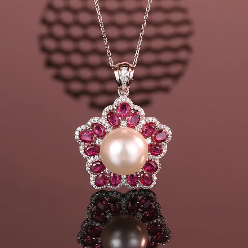 

PT950 Платиновый искусственный культивированный драгоценный камень Звезда Жемчуг Женский комплект ожерелья с подвеской из красного камня