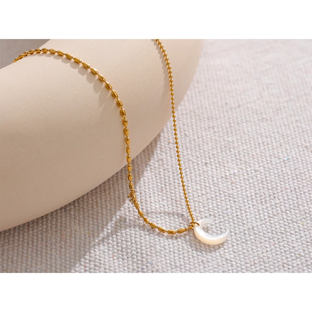 Yhpup Stainless Steel White Shell Moon Pendant Chic Necklace Unique Gold Color Beads Chain Zircon Collar Charm Delicate Jewelry