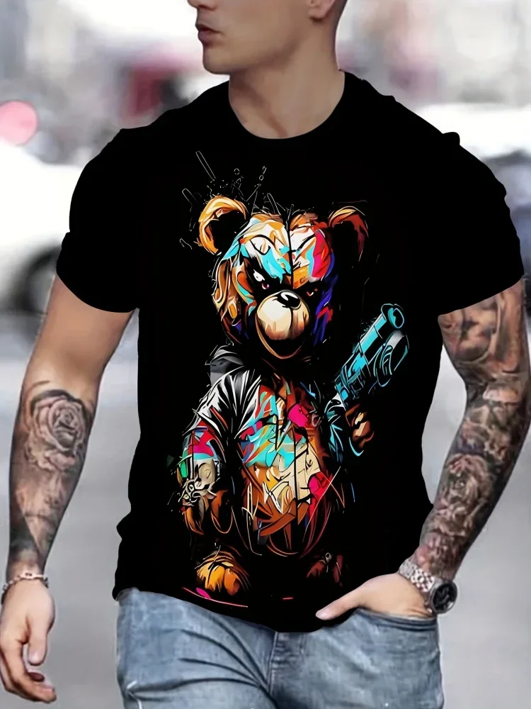 Modisches 3D-Graffiti-Bärenmuster T-Shirt Street-Style Herrenkleidung Trendige Coole Hip-Hop Männermode Oberteile