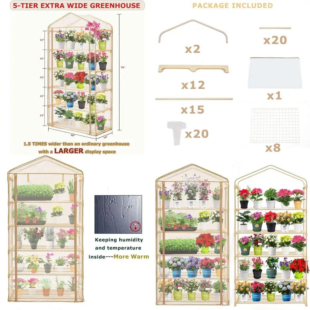 

Увеличенная на 50% мини-теплица с 5 полками - портативная оранжерея с покрытием из ПЭ и дверцей на молнии, 19x40x63 дюйма