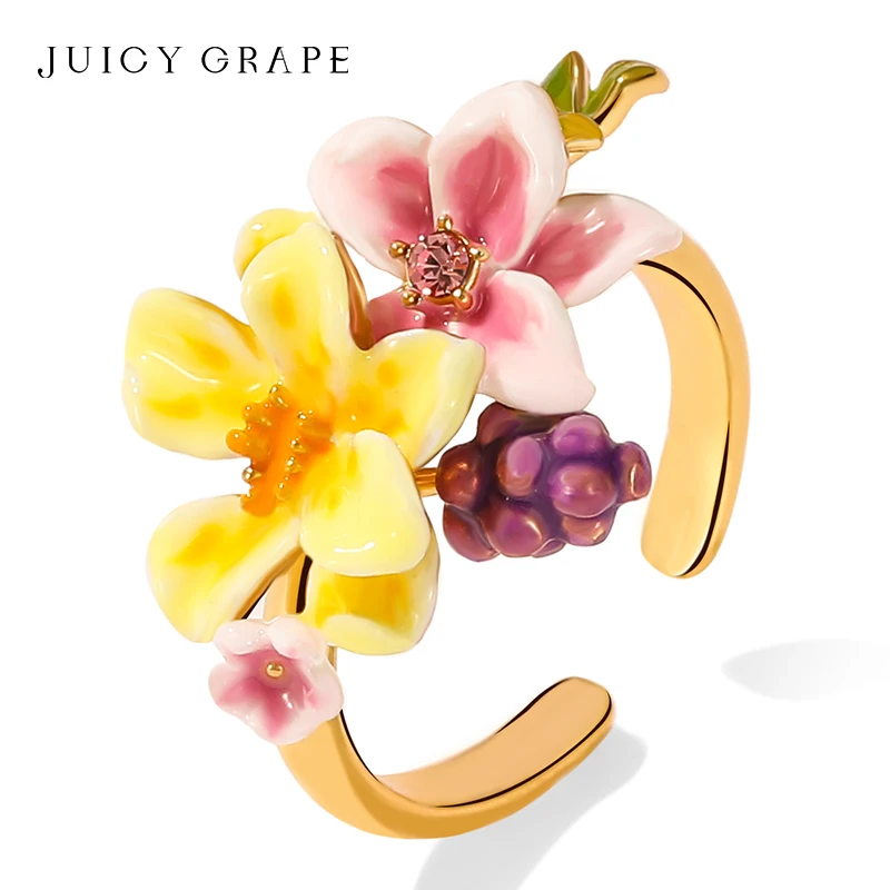 

JUICY GRAPE Enamel Flower Ring for Women Grapes Ring Hand Enameled Ring 18K Gold-Plated Valentine's Day Gift Party Jewelry Gift