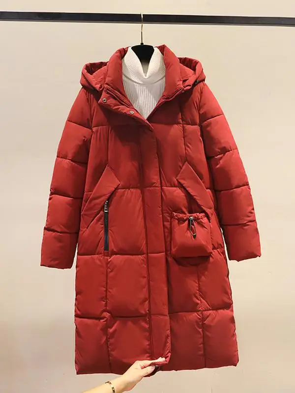 

Зимняя утепленная куртка с капюшоном для женщин больших размеров, хлопковое пальто с ангорой, красное, средней длины, для повседневной носки