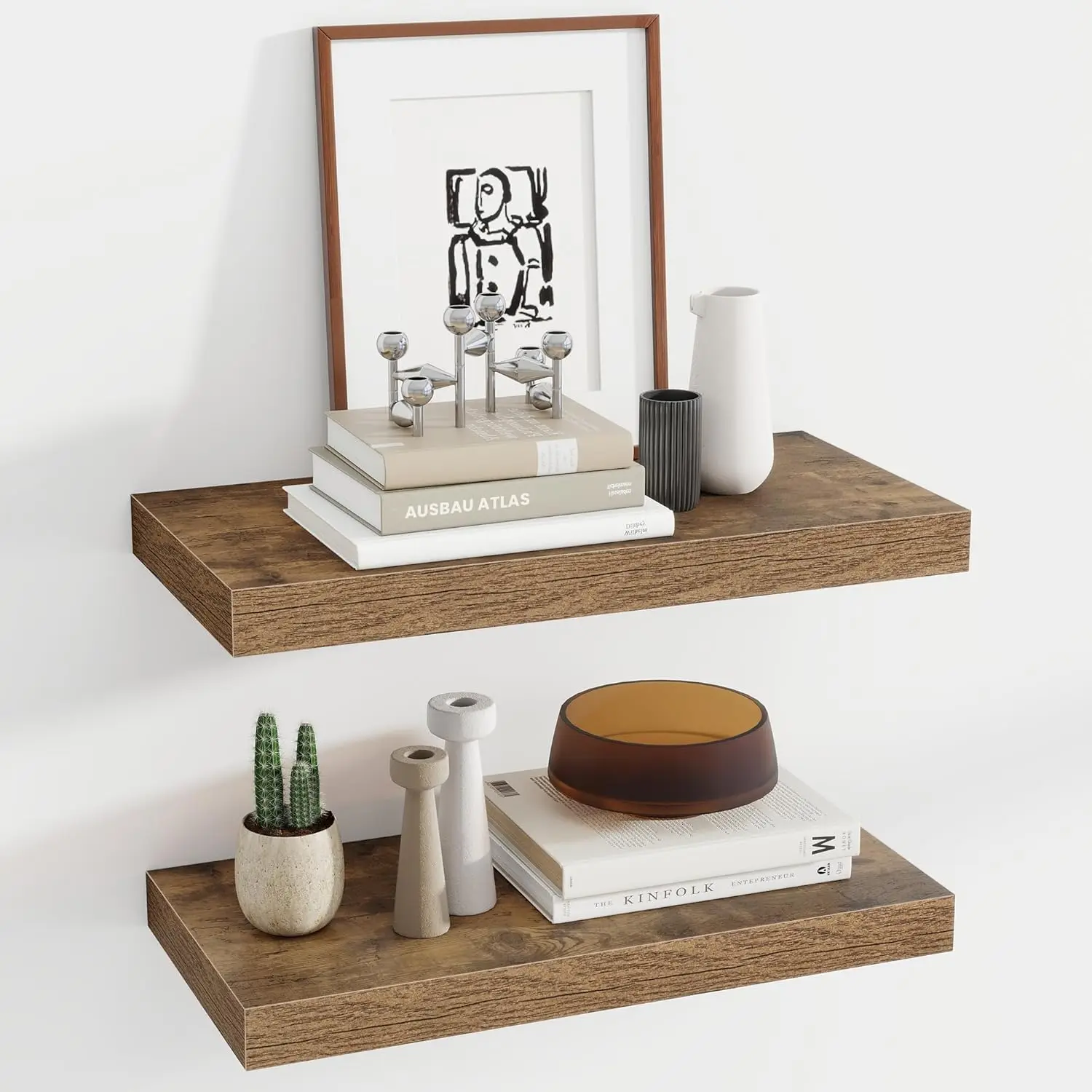 

24 Inch Floating Shelves, 12 Inch Deep Wall Shelves with Invisible Brackets for Bathroom Bedroom Living Room, 2 Pack Brown