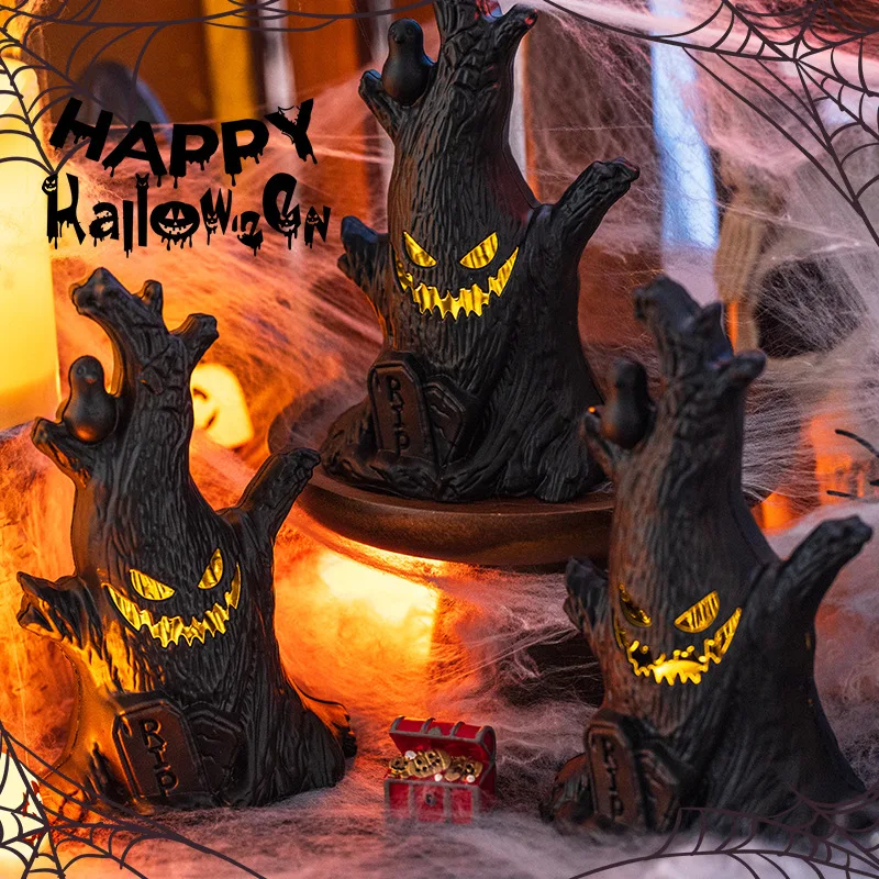 1–10PCS Halloween LED Ghost Face Pumpkin Lights Flameless Candle Tree Stump Decor for Table Home Party Indoor Holiday Setting