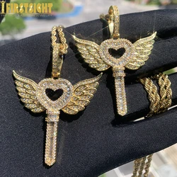 Iced Out Love is a key to open Heart Pendant Necklace for Men Women Prong Setting Cubic Zirconia Angel wing Hip Hop Jewelry
