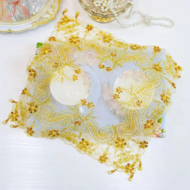 

NEW gold beads flowers Embroidery table cloth cover wedding dining tablecloth kitchen Christmas Table decoration and accessories