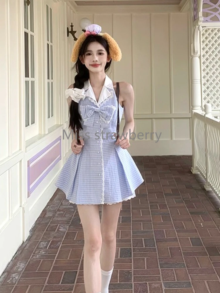 فرنسا أنيقة منقوشة فستان نحيل المرأة الصيف الحلو الخامس الرقبة أكمام الأزرق فساتين رقيقة تصميم موضة القوس كشكش ملابس جديدة