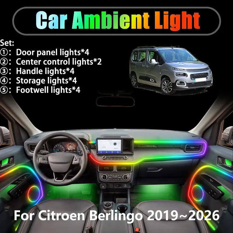 

For Citroen Berlingo 2019~2026 K9 EK9 MK3 2/18 in 1 Car ambient lighting Led trunk interior led lights USB RGB Ensemble Streamer