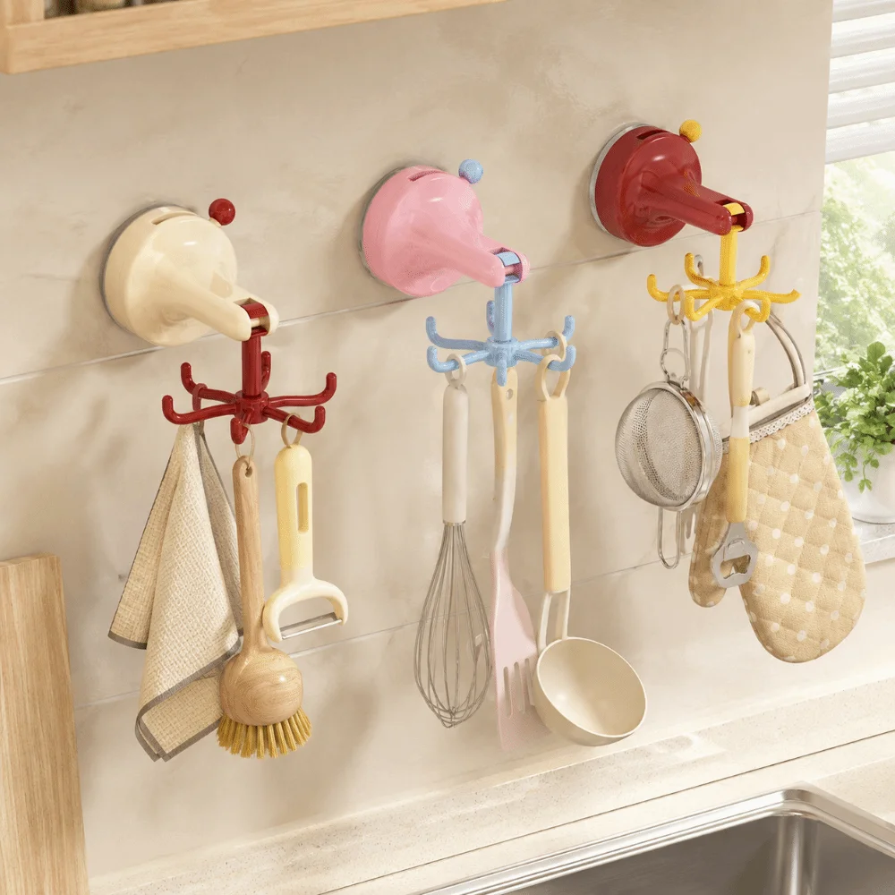 360° Rotating Suction Cup Storage Hook Dopamine Punch-free Six-claw Rotating Hook Multifunctional Space Saving