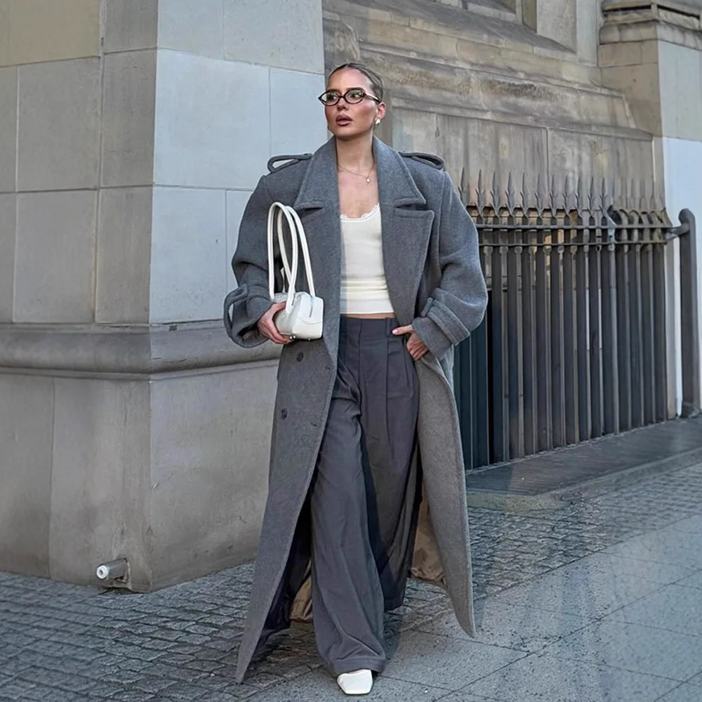 Casaco feminino de lã cinza, gola virada para baixo, bolso duplo, casaco feminino chique, jaqueta minimalista de rua alta para mulheres