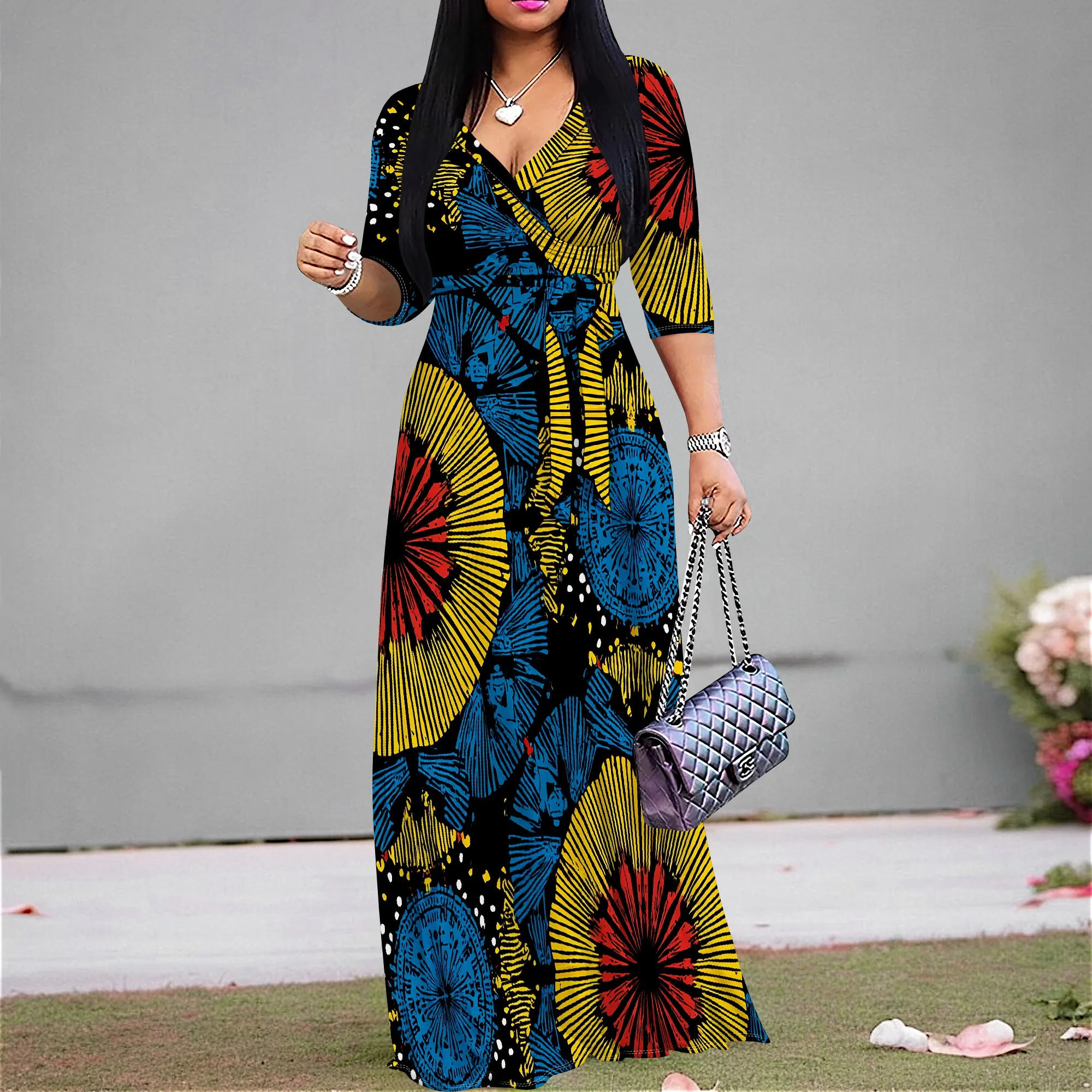 

Women's African Print Maxi Dress S-3XL | Dashiki Ethnic V-Neck Party Gown | Ankara Festival Flowy Tie Waist Sundress