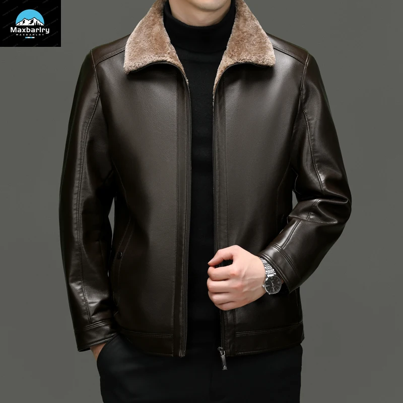 Leather Jacket Men's Winter Luxury Clothing Fur One-piece Thickened Biker Leather Jacket Men's Business Casual Warm Leather Coat