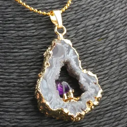 SUNYIK Natural Onyx Geode Slice Pendant Inlay Amethyst Quartz Drusy Crystal Irregular Jewelry For Women (Free Chain)