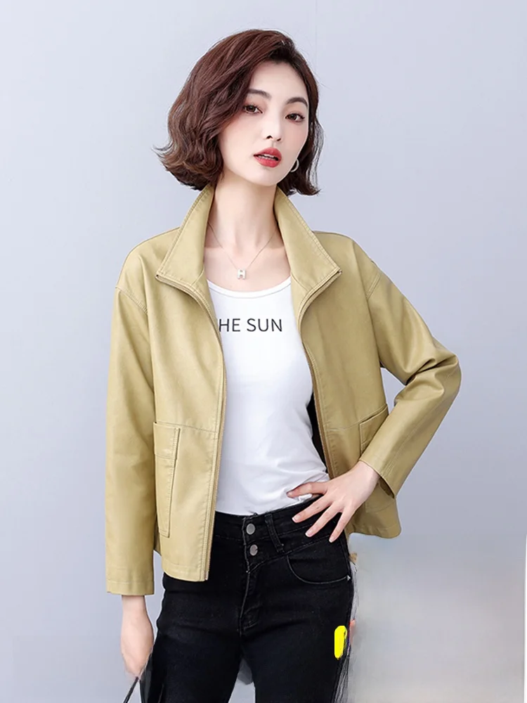 Giacca in Vera Pelle da Donna, Stile Corto, Nera, in Pelle di Pecora, Cappotto Primaverile Autunnale, Moda Hong Kong, Abbigliamento in Pelle di Piccole Dimensioni