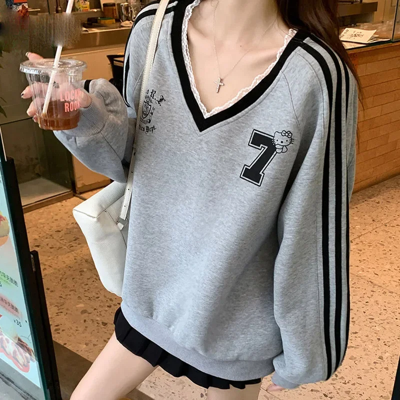 Lace Edged V-neck Printed Contrasting Long Sleeved Women's Sweatshirt Spring Autumn New Sweet Stylish Loose Chic Top for Women