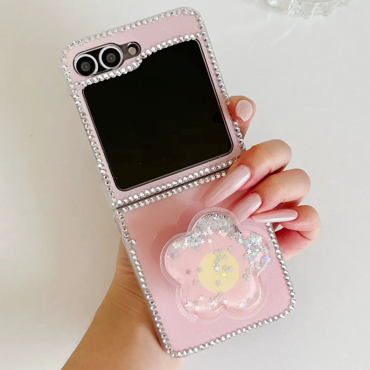 

Чехол-подставка Quicksand с цветком для Samsung Z Flip 7, чехлы с блестками и бриллиантами для Samsung Galaxy Z Flip 6 zflip5 zflip 4, роскошный чехол