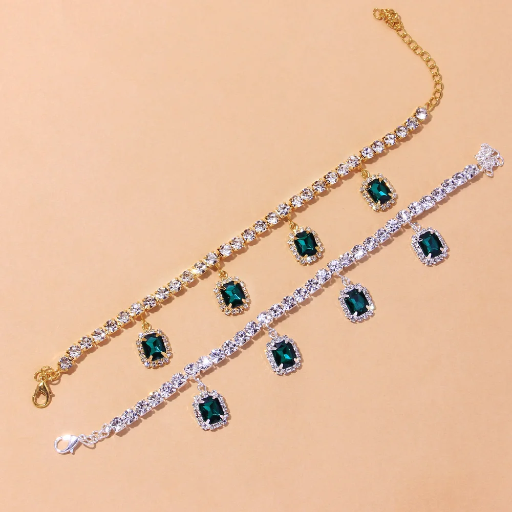 حجر ستونيفانز-خلخال مربع من حجر الراين للنساء ، سلسلة مجوهرات ، قلادة شاطئ صيفية ، صندل حافي القدمين ، سوار ساق ، فاخر