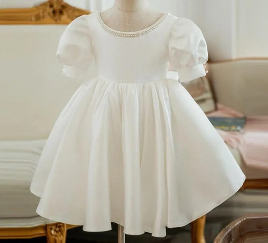 Cute Baby Girl Dress with Puff Sleeves White Solid Satin Kid First Birthday Gown Flower Girl Dress Baptism Gown Big Bow