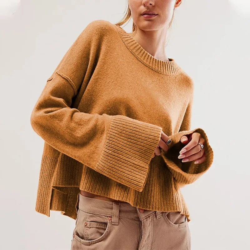 2025 New Fall and Winter Loose Solid Color Crew Neck Flared Sleeve Pullover Knitted Sweater Fashion Sweater for Women