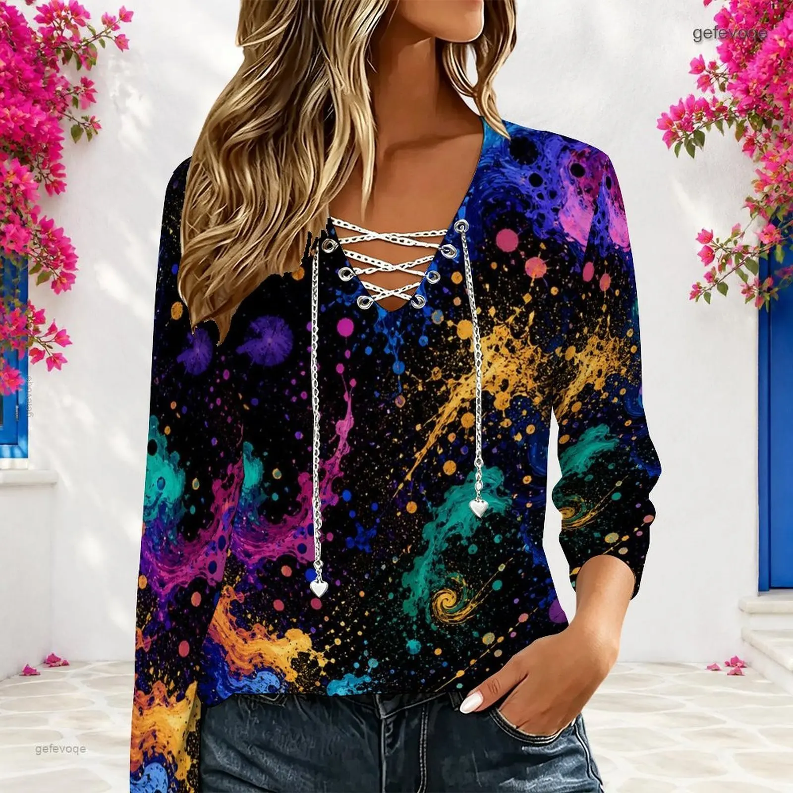 Women Abstract Galaxy Splash Print V Neck Chain Lace Up Long Sleeve Top