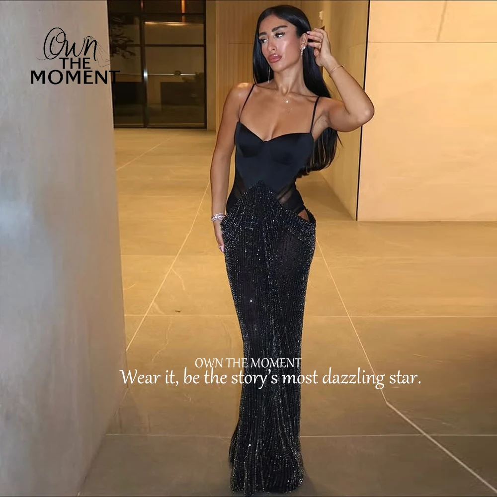 OTM فستان ماكسي مثير بحمالات رفيعة للنساء موضة بدون أكمام شبكي مقسم سباركلي ترتر للحفلات المسائية فستان طويل مخصص