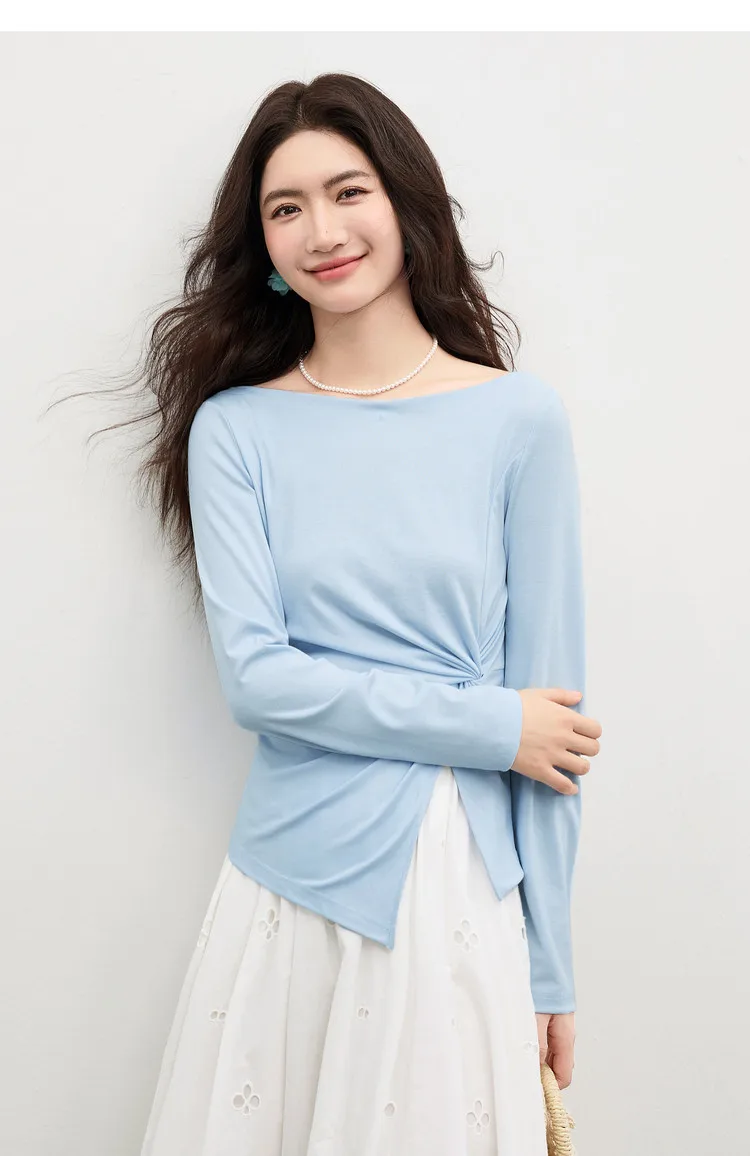 SENTUBILA Lyocell-T-Shirts für Damen, Frühling 2026, schulterfreier Ausschnitt, verdrehter, unregelmäßiger Saum, schlichte Strickoberteile W61TL5033 – Detail 22