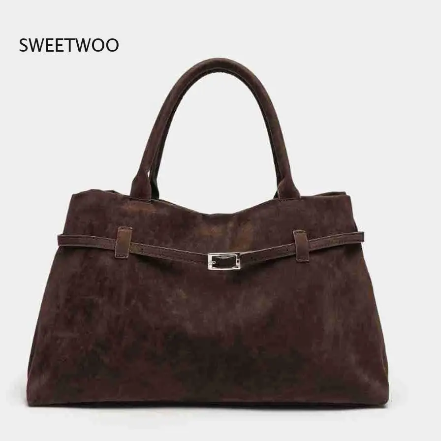 Damen Retro Wildleder-Tragetasche mit Großer Kapazität und Gürtelschnalle, Lässige Handtasche für Alltag, Arbeit und Reisen