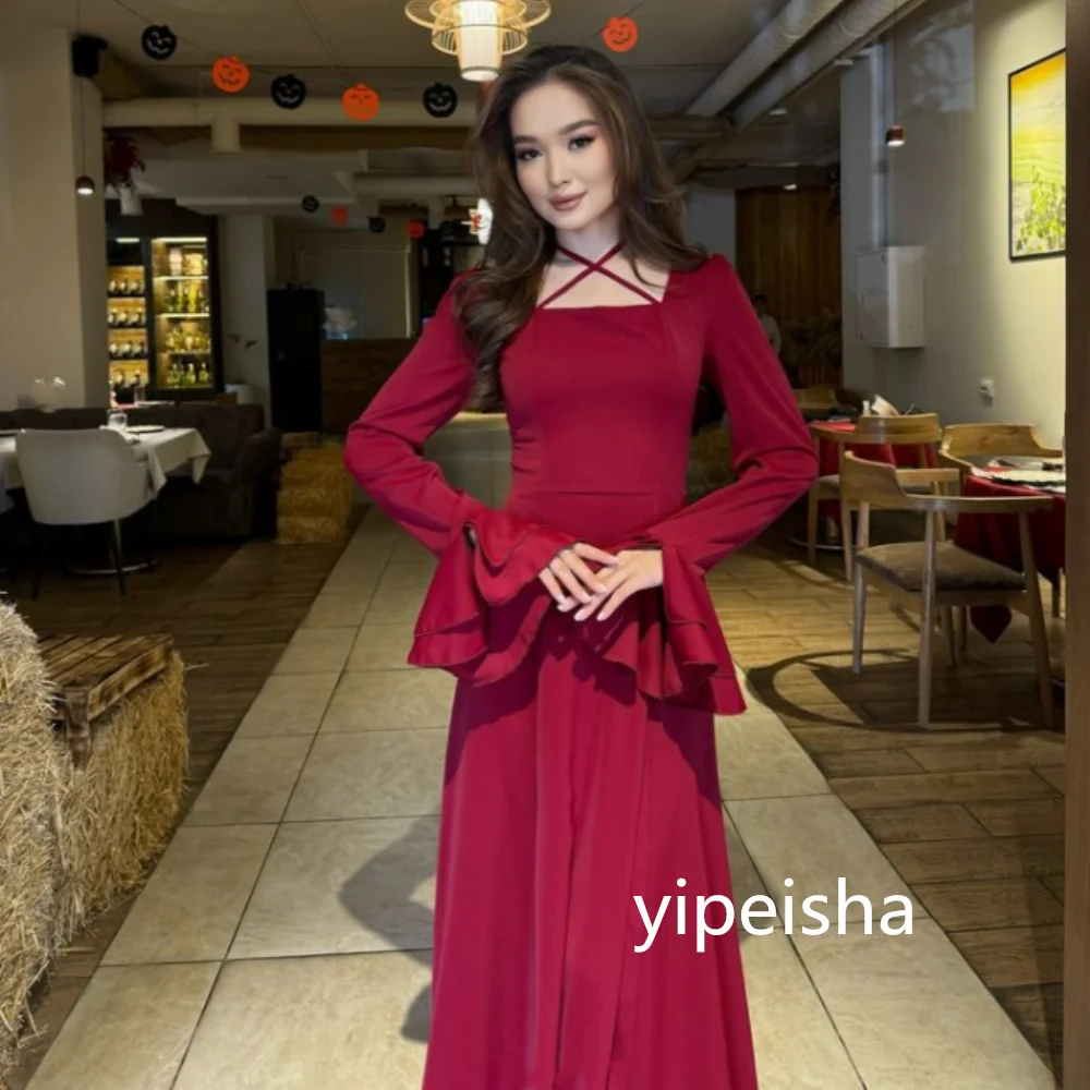 Customized Jersey Pleat Square Prom Dresses Simple Sweep/Brush Draped Evening Dres Party Dressesses Fashion Red A-line