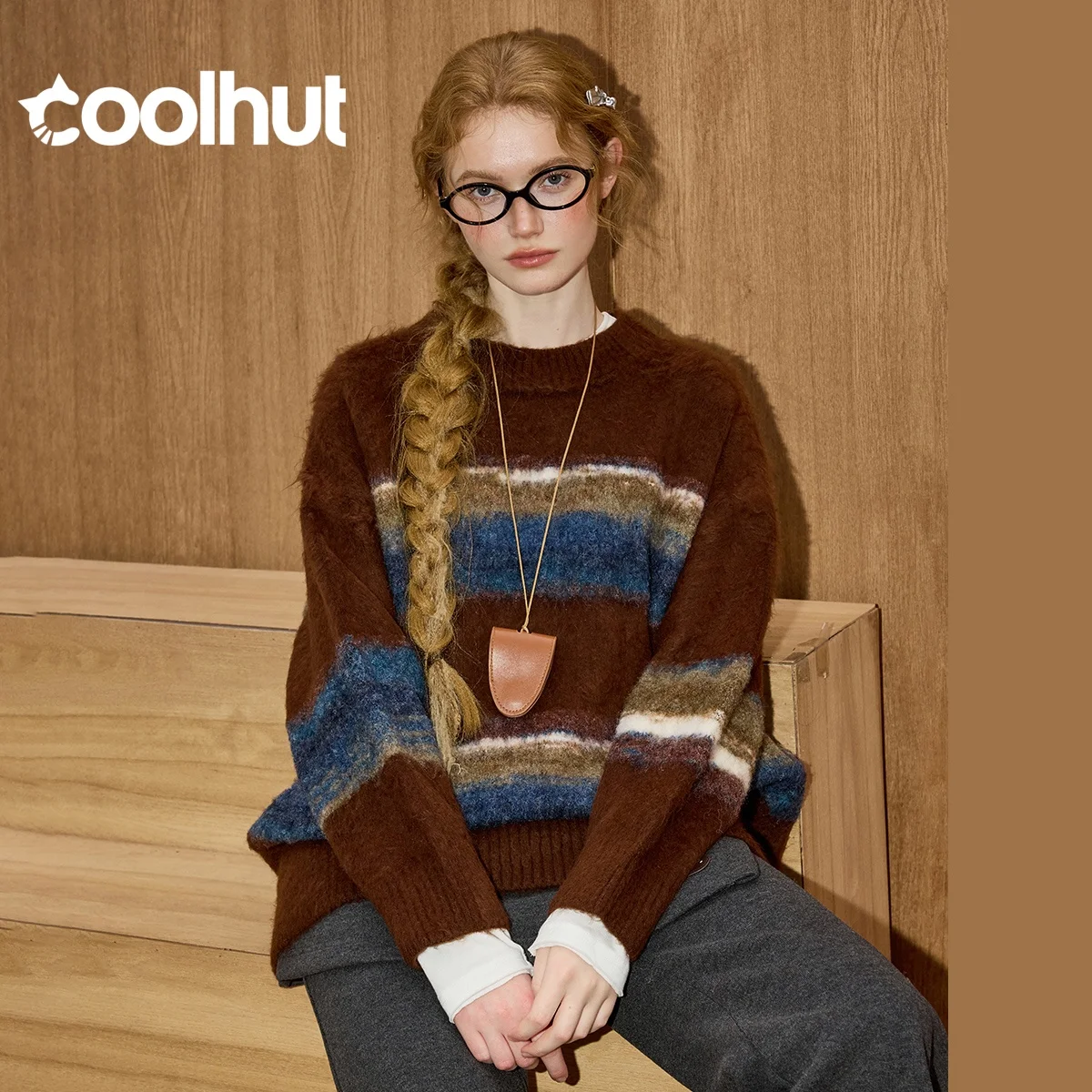 

COOLHUT Maillard Striped Women's Knit Sweater Winter Oversized Slim-Fit Top Textured Casual Pullover Y2K Chic Lounge Wear Tunic