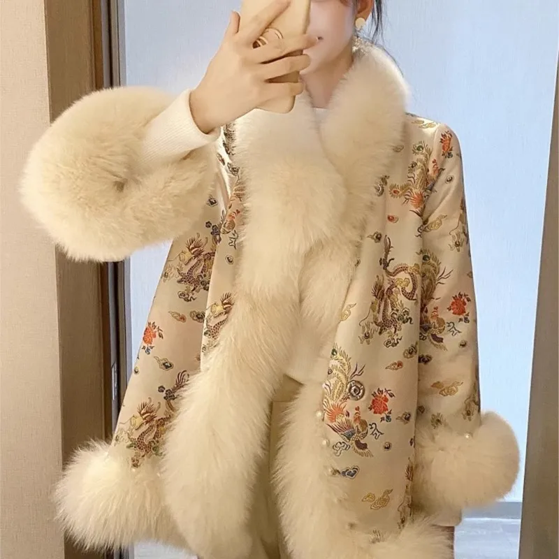 Cape imitation fur coat women's Chinese style beaded