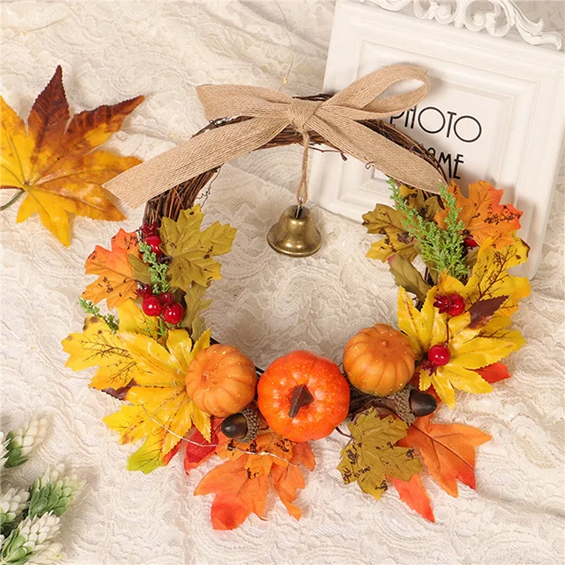 

Fall Wreaths for Front Door Autumn Wreath with Berry Pumpkin Maple Leaves Halloween Thanksgiving Harvest Festival Decoration