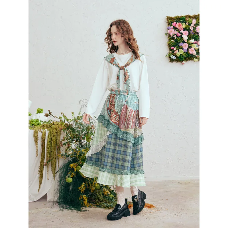 

Spring Forest Patchwork Ruffle Hem Midi Skirt - New Arrival Summer 2026