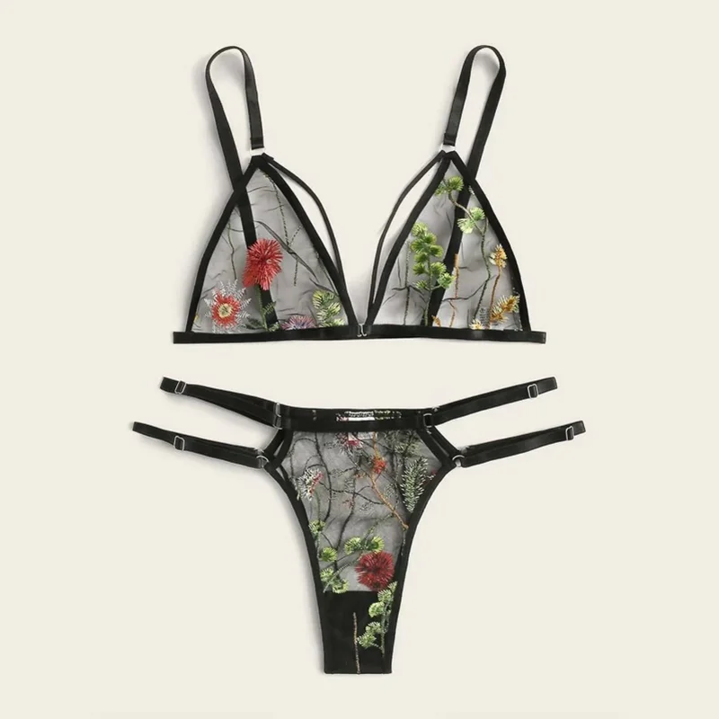 Lopnt Lingerie For Women Sexy Gauze Bra Set Bandage Brassiere Floral Embroidery Lingerie Set Temptation Transparent Underwear