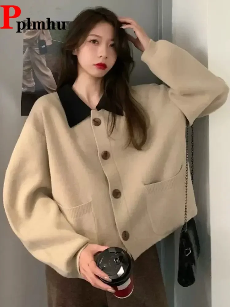 

Женские повседневные мягкие вязаные куртки-кардиганы с воротником-стойкой в стиле пэчворк, модные мешковатые однобортные куртки на пуговицах