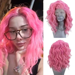 Light Pink Bob Wig Synthetic Lace Front Wig For Women Blue Short Wave Lace Wig Natural Wave Colored Wig Cosplay Daily Wear Party