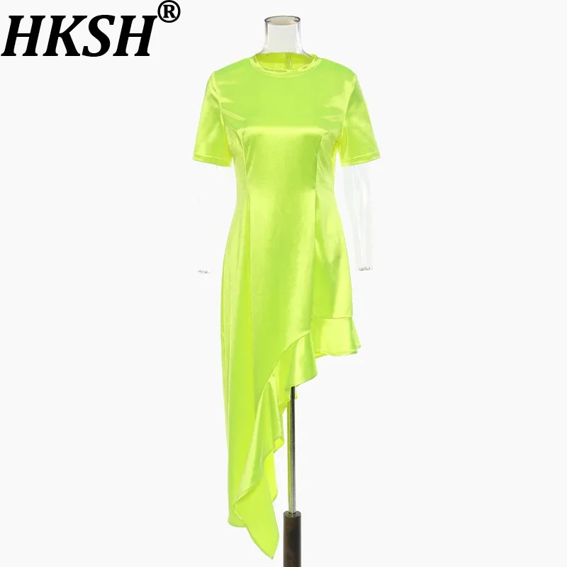 

HKSH Women Chic Dress Asymmetrical Ruffled Irregular Hem O-neck Short Sleeves Slim Fit Elegant Casual Dresses New Summer HK19474