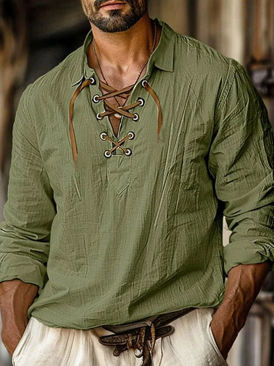 

New fashion European and American men's plus size lapel tied shirt solid color casual linen V-neck loose long sleeved shirt