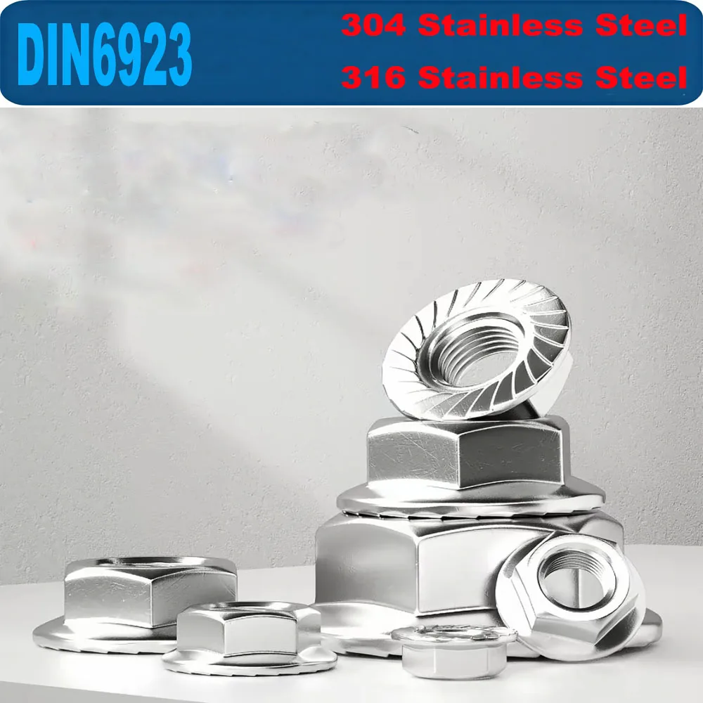 DIN6923 Serrated Flange Hex Nuts A2 A4 Stainless Steel UNC UNF 6#8#10# 1/4 5/16 3/8 1/2 Pinking Locking Flange Nuts