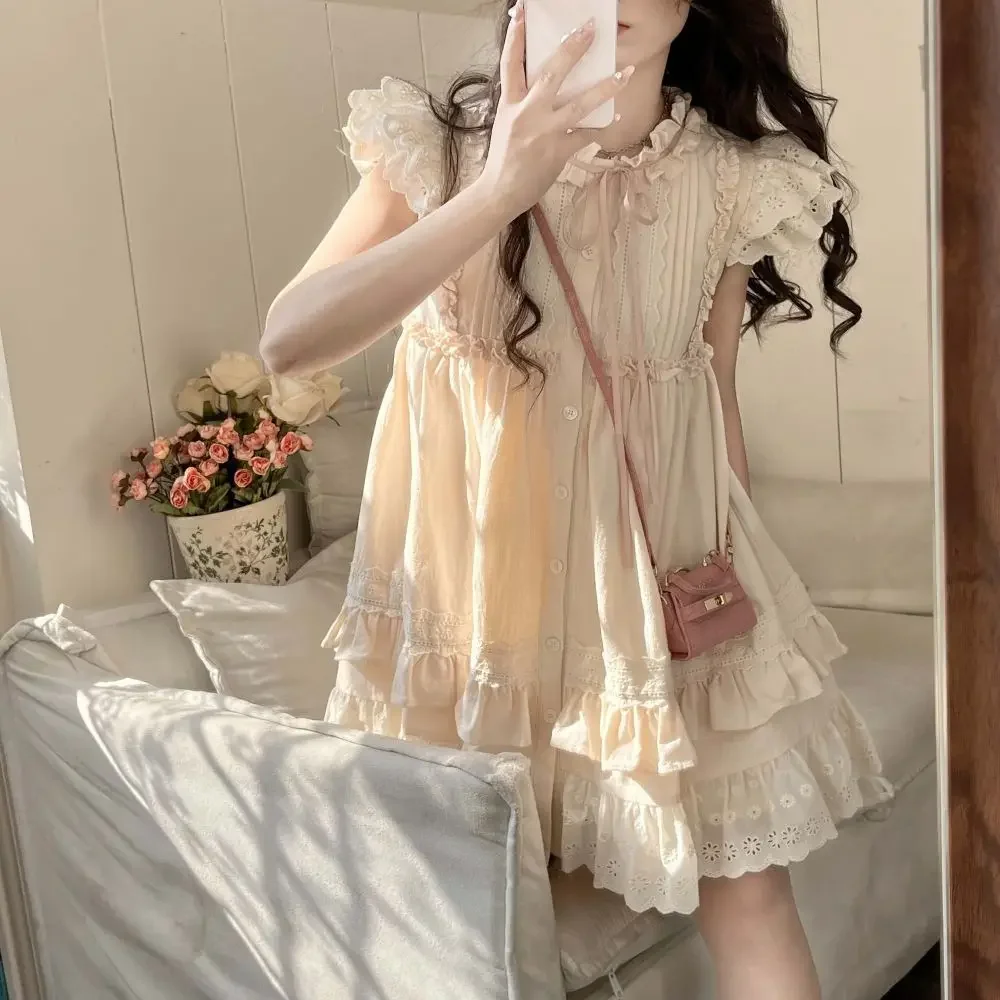 Women's Summer New Style Slimming Ruffle Edge Dress Trendy Bow Decorated Sleeveless Vestido Deluxe Wooden Ear Edge Dress