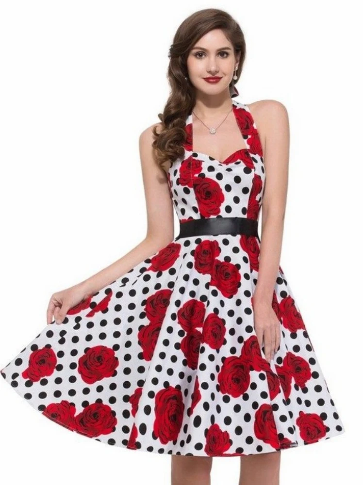 2026年新作 レディース 夏 ポルカドット ヴィンテージドレス パーティー オフィスレディー 1950年代 60年代 ロカビリー ビッグスイング ホルターネック 服 チュニック ワンピース