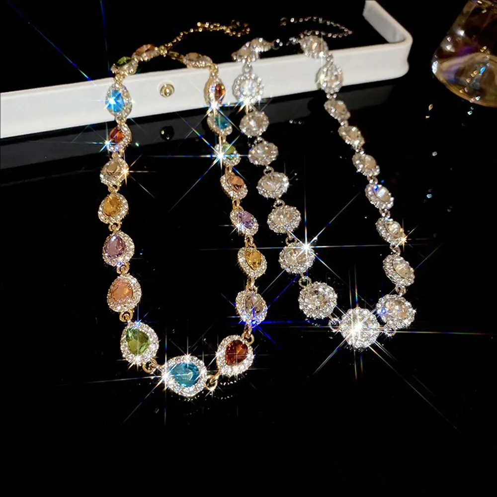 

Vintage Water-drop Crystal-encrusted Colored Necklace Retro And High-end Collarbone Chain Light Luxury Court-style Jewelry