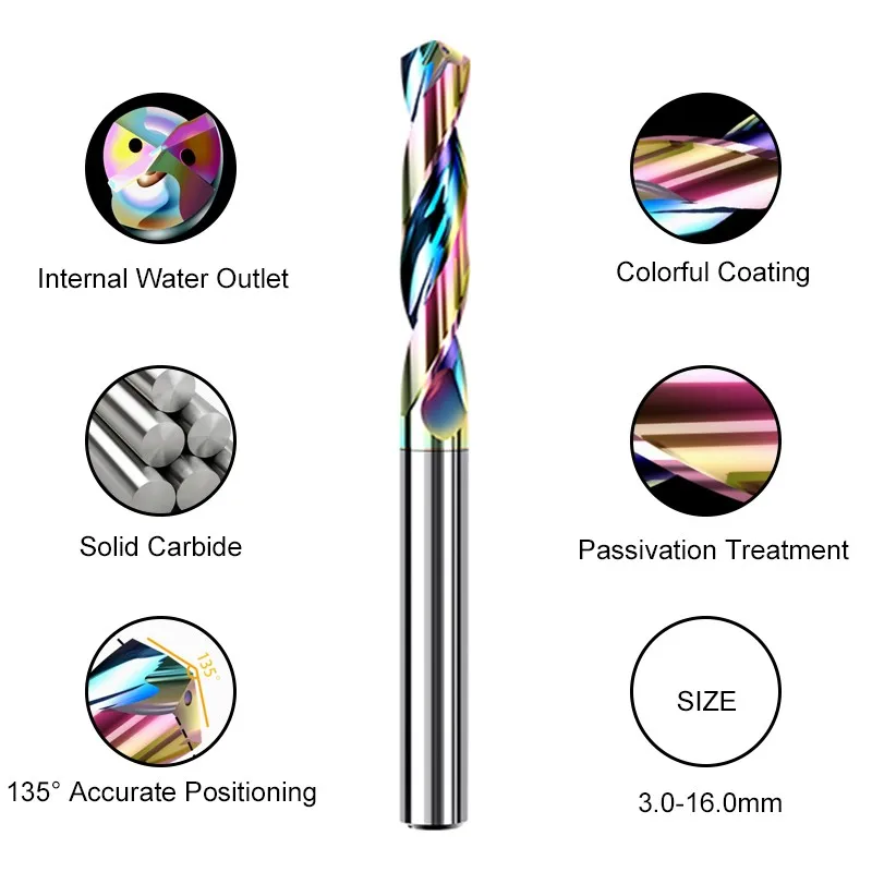 YIFINO Colorful Coating 3D Aluminum Internal Cold Drill Tungsten Steel Central Outlet Water Carbide Twists Drill 3.0mm-20.0mm