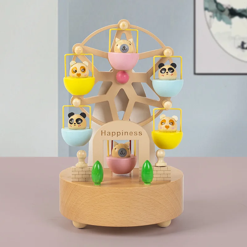 Wooden Ferris Wheel Wind-up Music Box. Holiday Birthday Gift. Rotating Music Box for Couples. Healing Animal Model Ornament