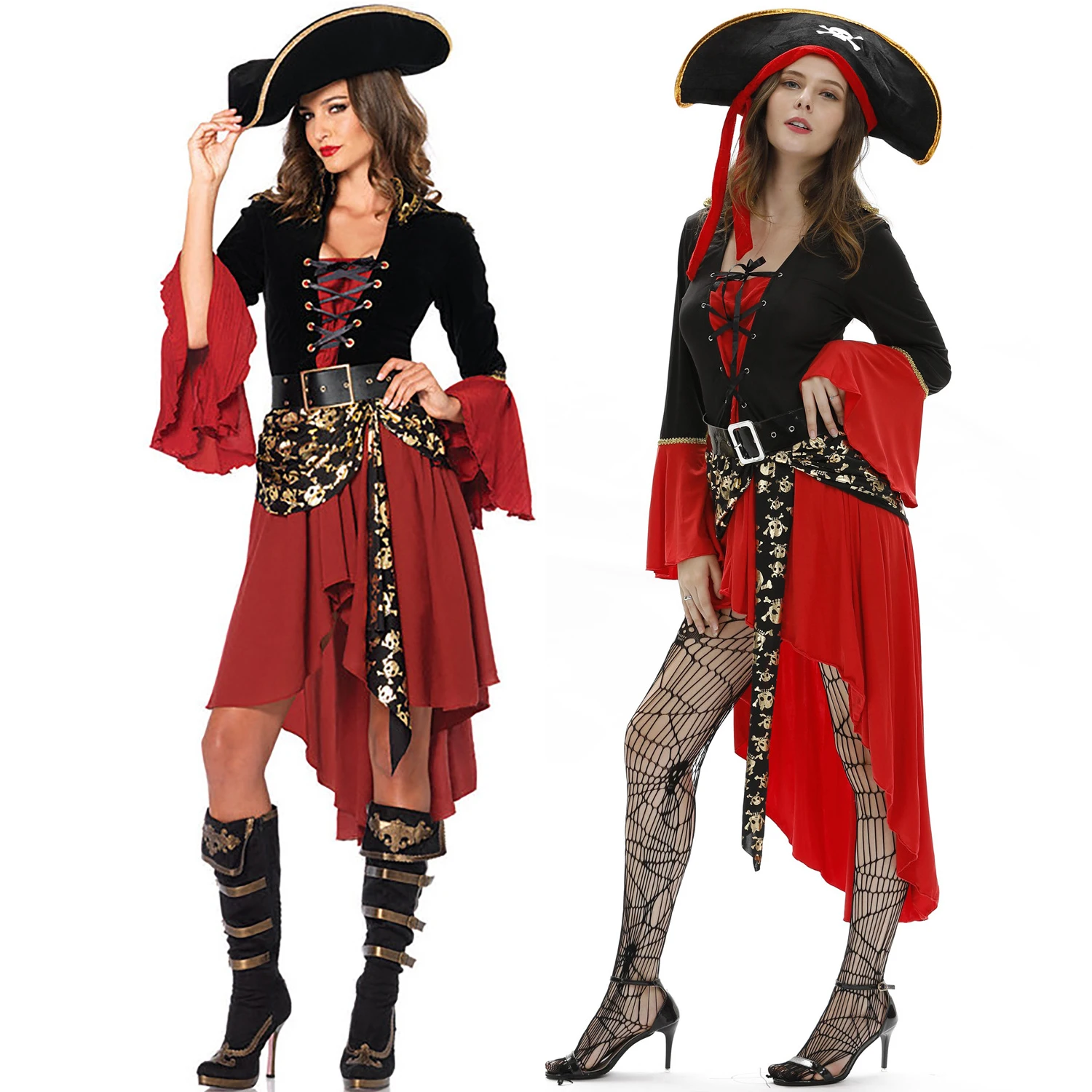 

Cosplay Pirate Dress Women Halloween Costumes for Lady Sexy Skirt Play Sea Rover Role Buccaneer Clothing with Hat Set Christmas