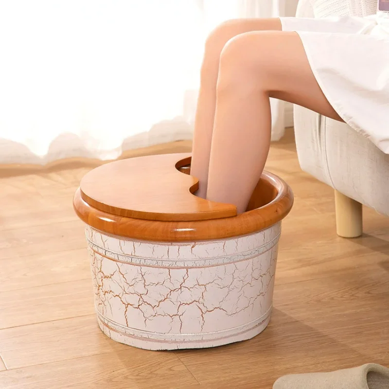 Automatic Drainage Oak Foot Bath Bucket Over Calf Foot Tub Wood Paint Leopard Print Deep Bucket Home Solid Wood Foot Bath Basin