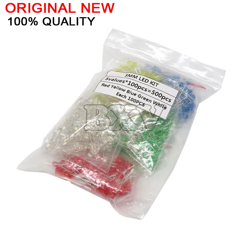 500PCS/LOT 3MM LED Diode Kit Mixed Color Red Green Yellow Blue White LED Light 5 Color Each 100PCS