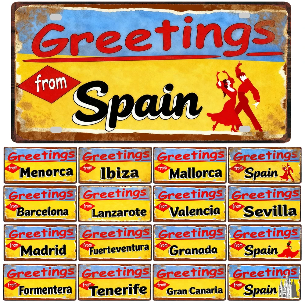 

【YZFQ】Greeting from Spain Ibiza Metal Sign Barcelona Madrid Tin Plate Travel Souvenir For Wall Home Art Decor 12X6INCH JM-0185