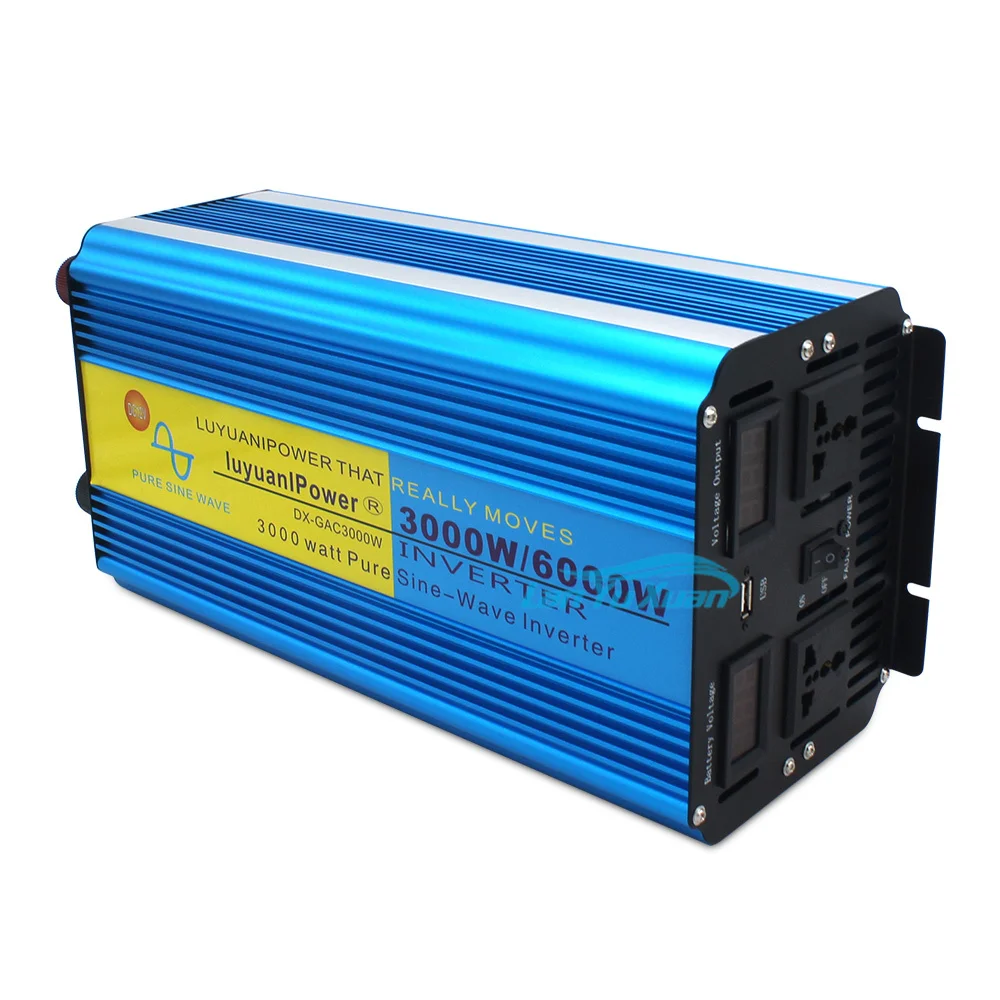 6000w Voltage Transformer Pure Sine Wave Power Inverter DC 12V/24V TO AC 220V/230V/240V +2 LED Display 3.1A USB Wireless Control